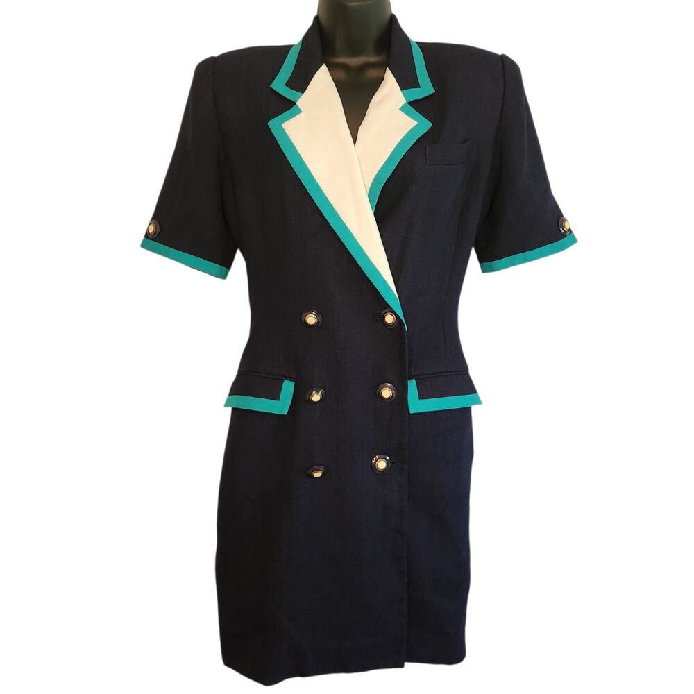 VINTAGE 80s Atrium Collection suit dress blue size 6